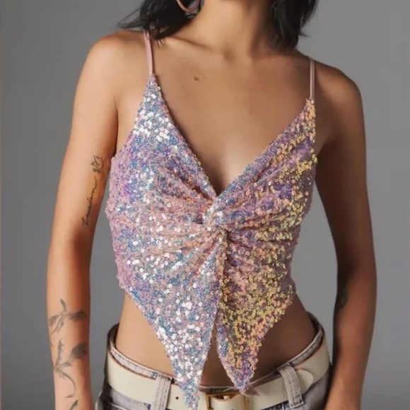 NWT Urban Outfitters Silence + Noise Small Pink Sparkle Sequin Tank Top - Picture 1 of 8